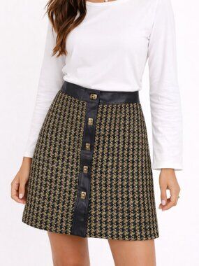 Talbots Plaid Mini Skirt 10P Wool Tweed Faux Leather Trim  Black Brown Vintage